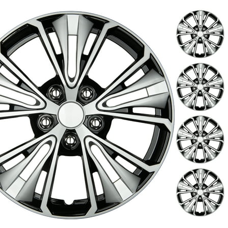 BDK 16 Inch Hubcaps Set of 4 – OEM Replacement Snap-On Wheel Rim Covers - Universal Fit Car Wheel Cover for Cars, Trucks, SUV, Vans Durable ABS Black & Silver 5-Spoke Hub-Cap Car Accessories Exterior