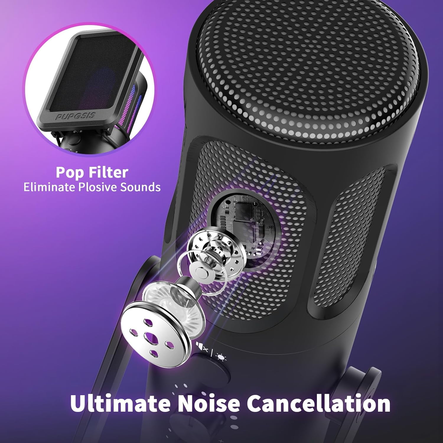 Pupgsis USB Condenser Gaming Microphone with Noise Reduction, Mute, Reverb, Monitor, Adjustable Stand for PC, PS4, PS5, Mac, Podcasting