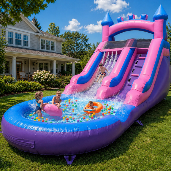 13' x 21' Commercial Water Slide with Splash Pool and Air Blower (Purple&Pink)