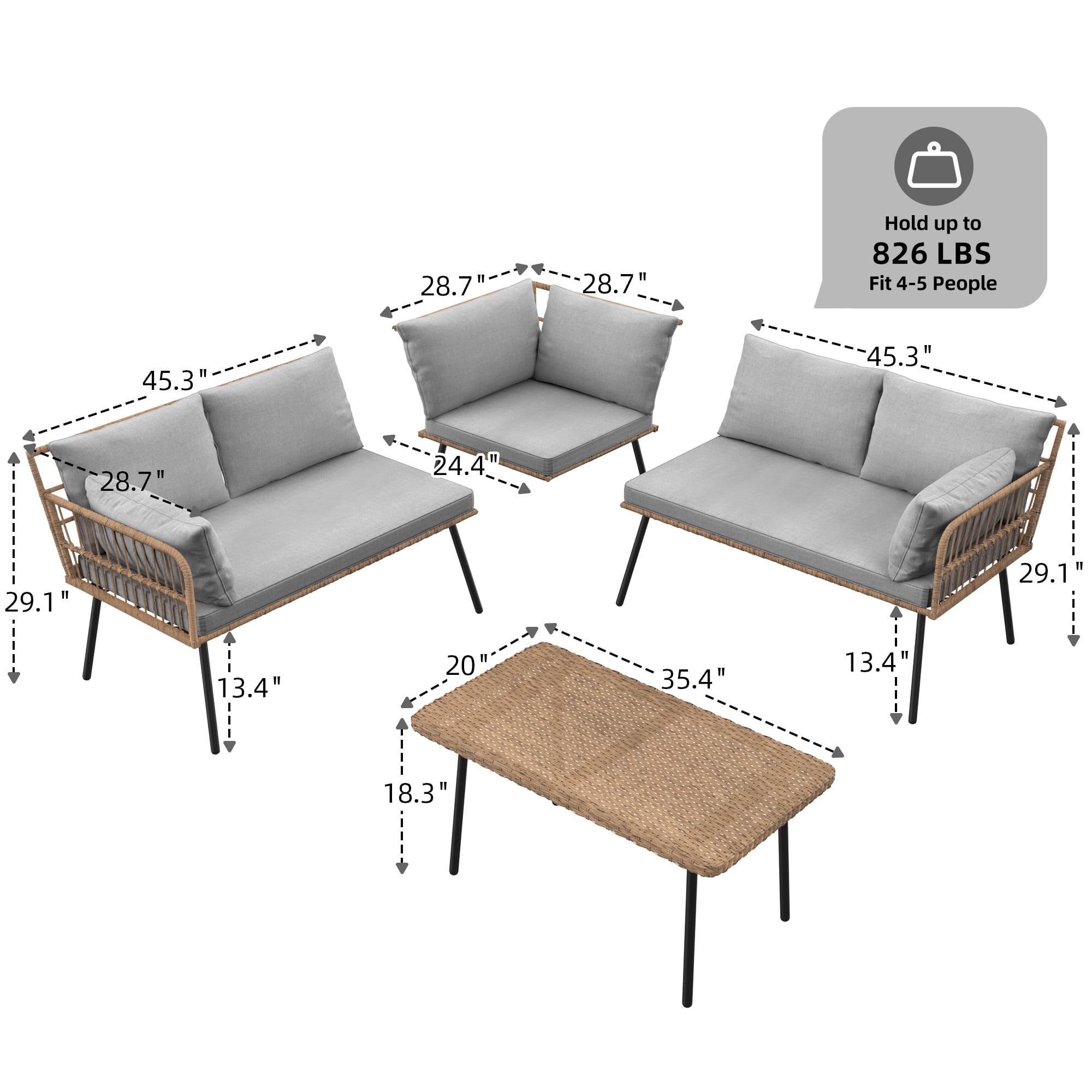 Dextrus 4-Piece Patio Furniture Set, Wicker Outdoor Bistro Set, Woven Sectional L-Shaped Patio Sofa Set with Cushions and Side Coffee Table - Gray