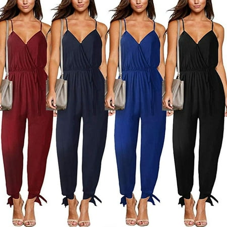 Women Casual Strapless Sleeveless Deep V Neck Jumpsuit Chiffon Spaghetti Strap Rompers Long Trousers