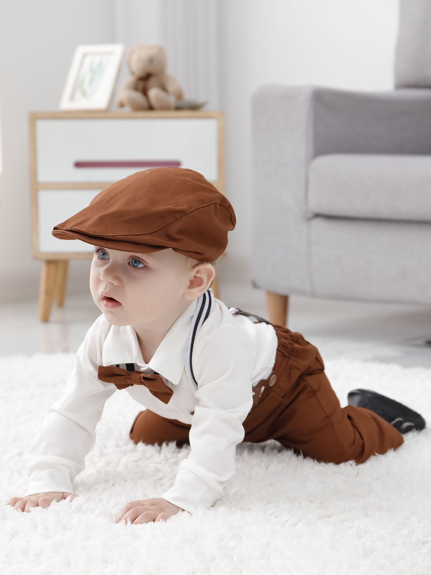 CARETOO Baby Boy Formal Suit, Cotton Fabric, Hat, Suspender
