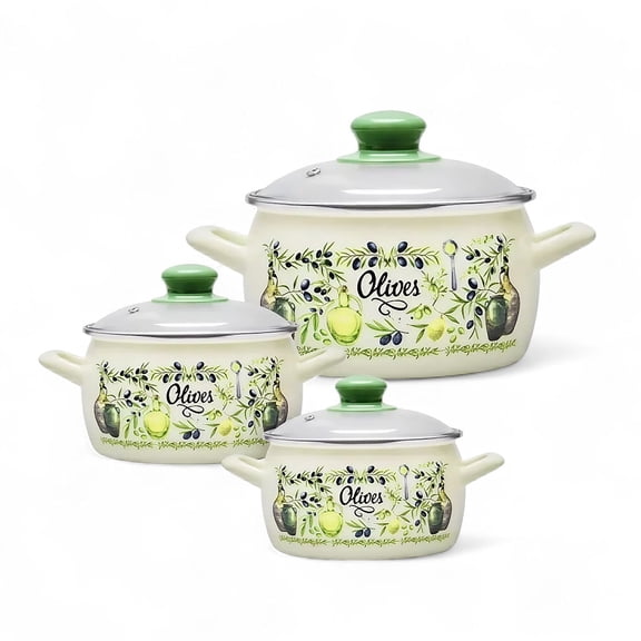 METALAC Olives Enamel Stockpot Set of 3 pcs 2.3Qt/3.2Qt/5.6Qt Enameled Steel Stock Pots with Glass Lids Cooking Induction Pot Soup Pots