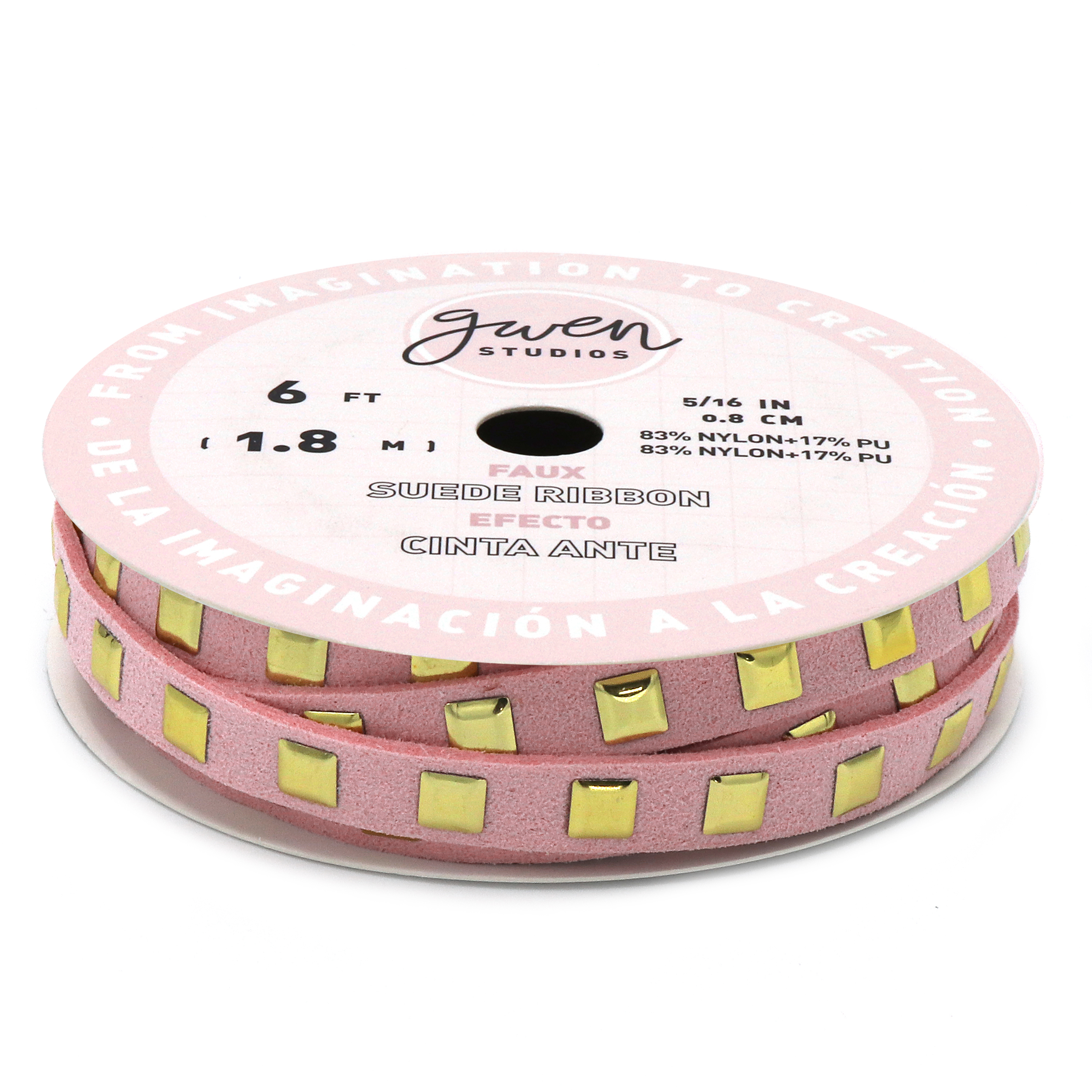 Gwen Studios Pink Faux Leather Metal Studded Trim, Gold Metal Studs, 5/16" x 2 Yards
