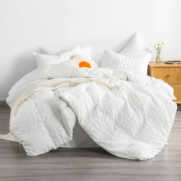 Flxxie Seersucker Textured Duvet Cover Pillow Sham Set with Corner Ties, Twin, White, 2-Pieces