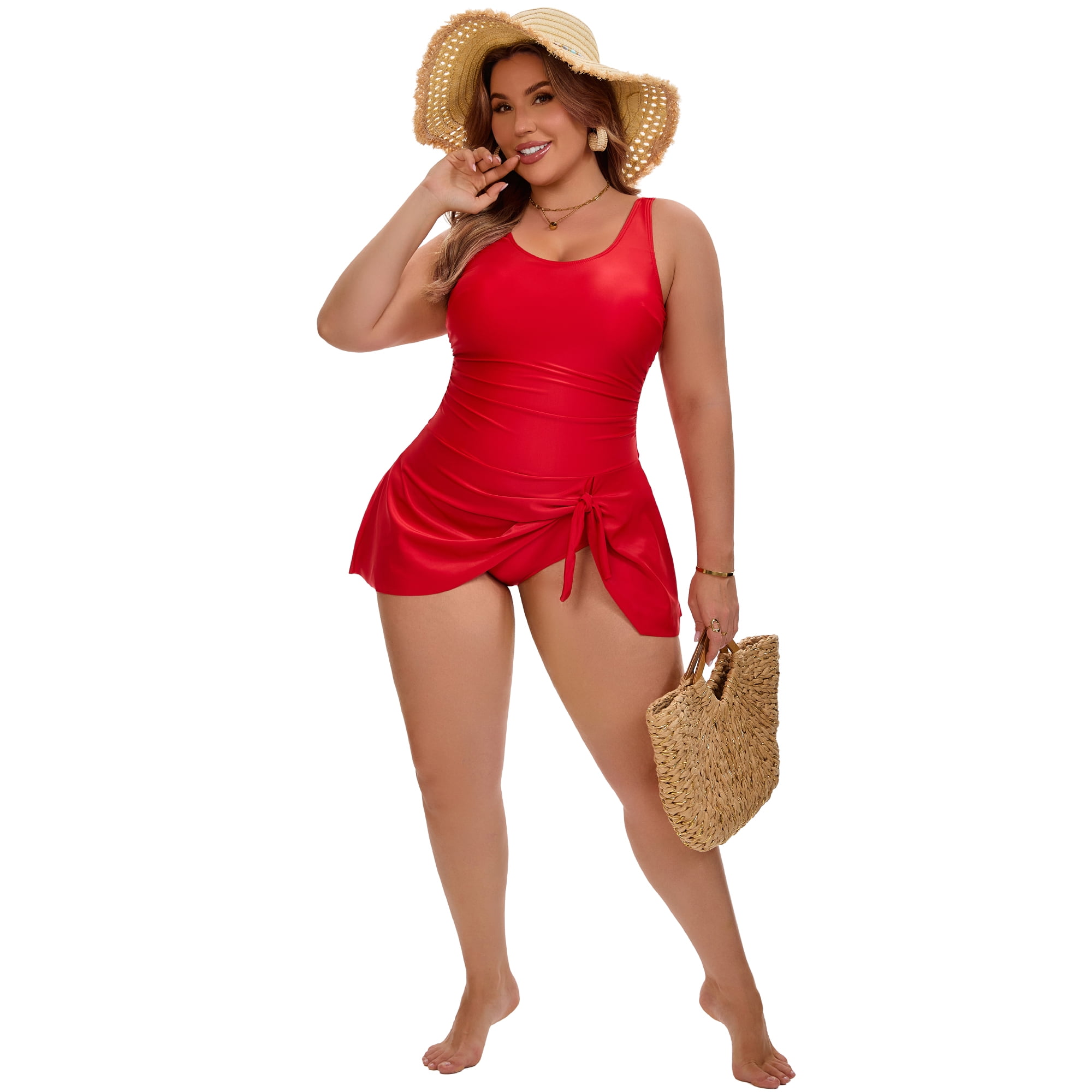 DARING DIVA Women's Plus Tummy Control Beach Vacation Swimdress L Red