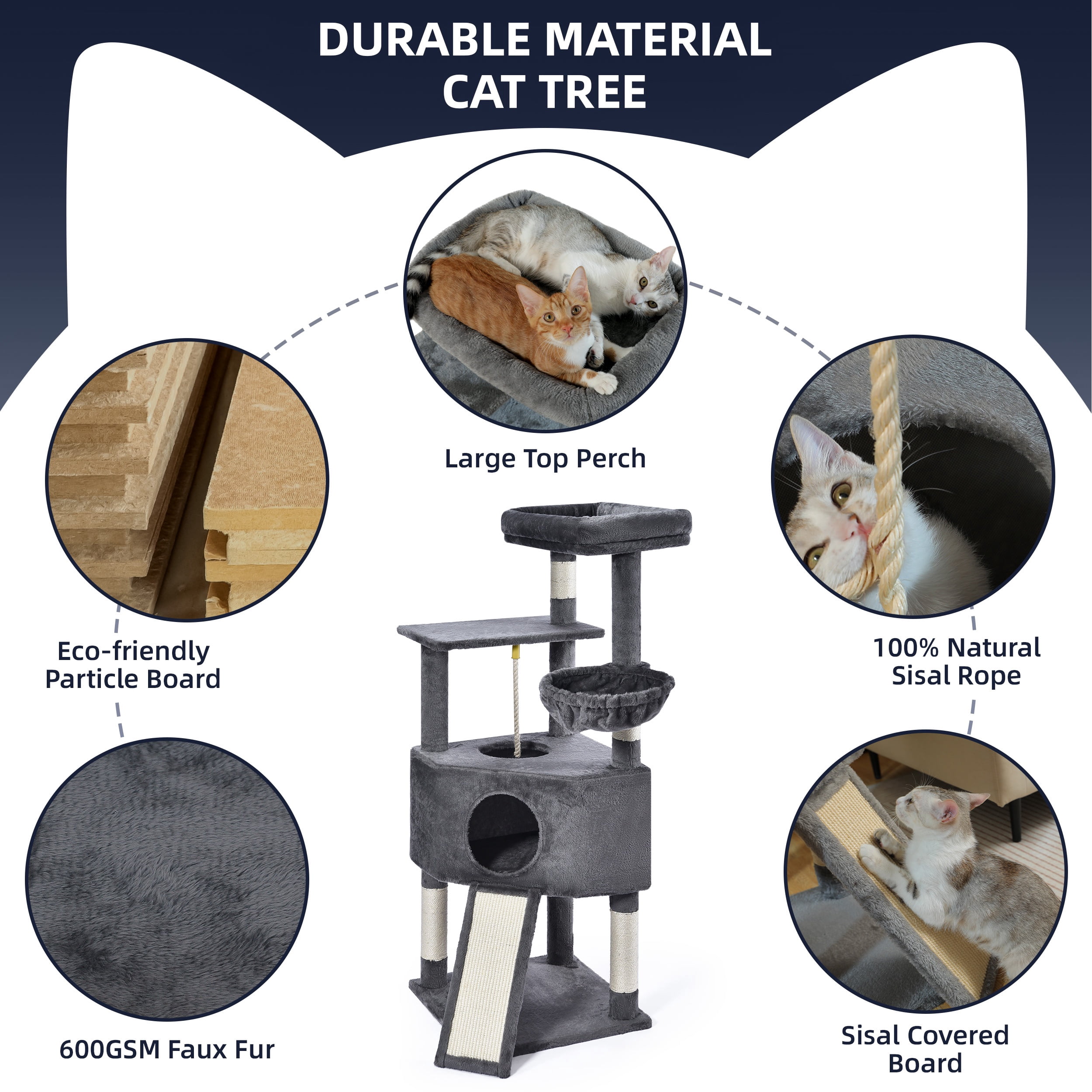 Vibrant Life 50inch Cat Tree Tower with Large Condo and Perch for Indoor Cats, Gray