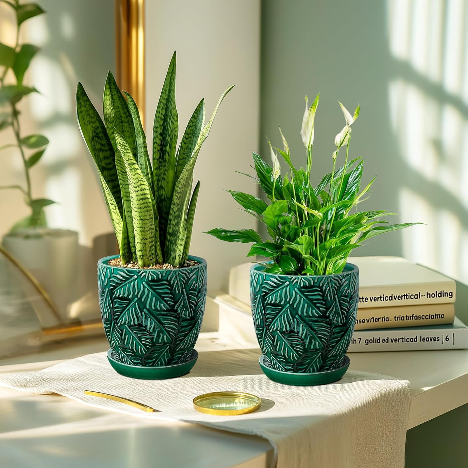EFISPSS 6 inch Green Ceramic Plant Pots with Drainage & Saucer, Natural Boho Crackle Glaze, Indoor/Outdoor Flower Planter, 4 Pack