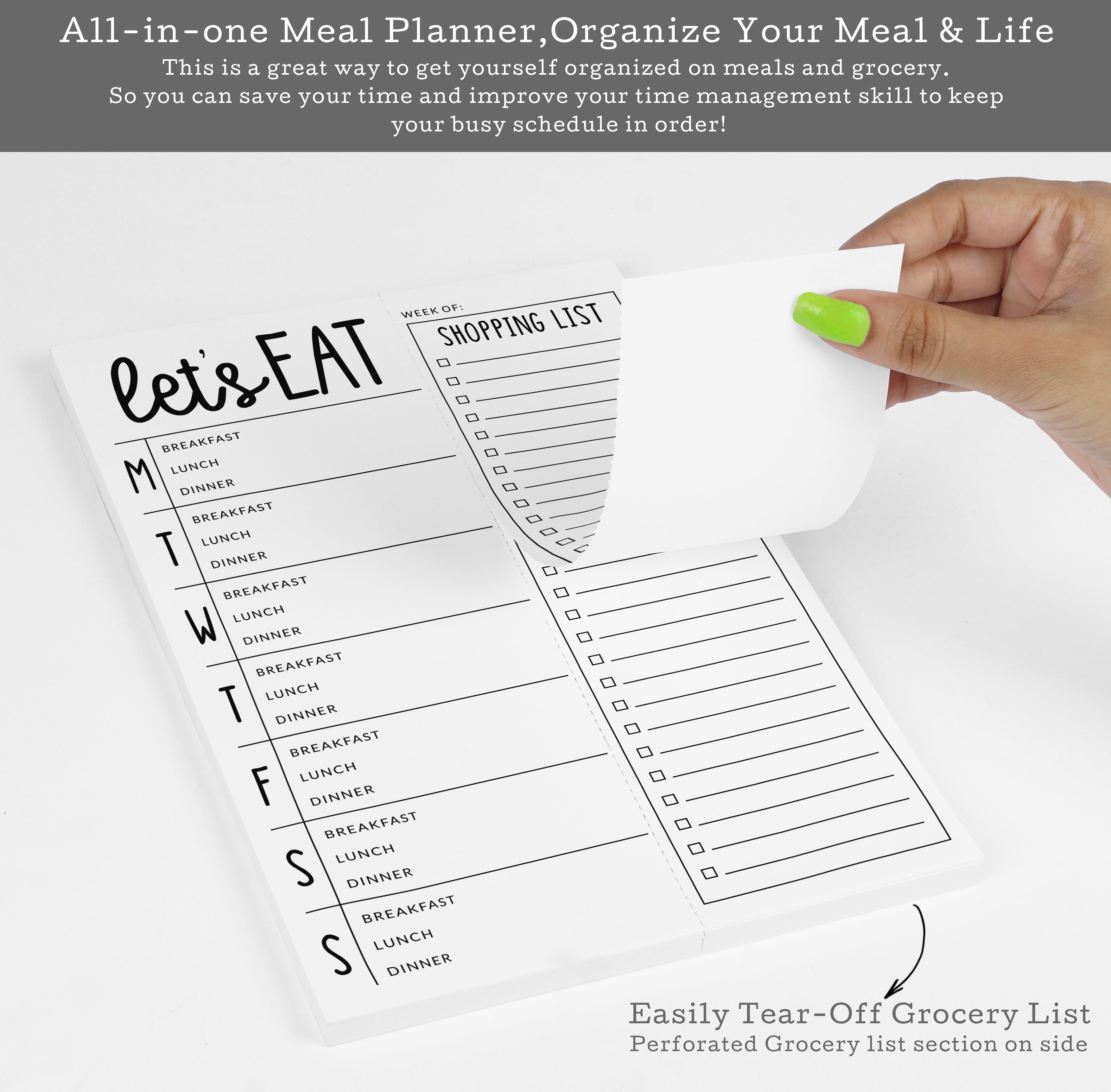 Inkdotpot Weekly Meal Planner Notepad 7"x10 , "Lets Eat" Magnetic Meal Planning Pad with Tear Off Grocery Shopping List for Fridge- Kitchen & Home - 54 Sheets -DG
