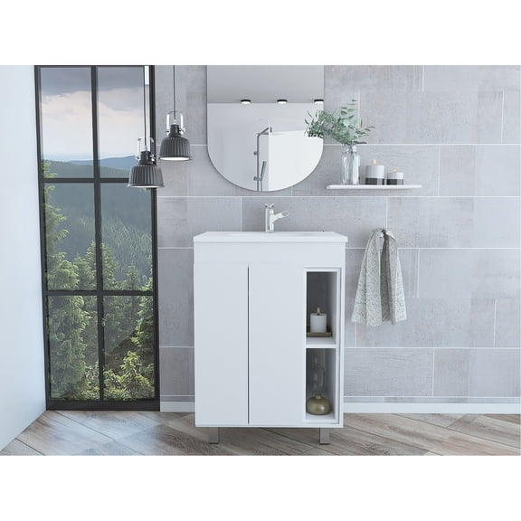 Modern 24" Vanity, White With Double Door Cabinet And Two Interior Shelves, Bathroom Sink Resin Dainty In Style