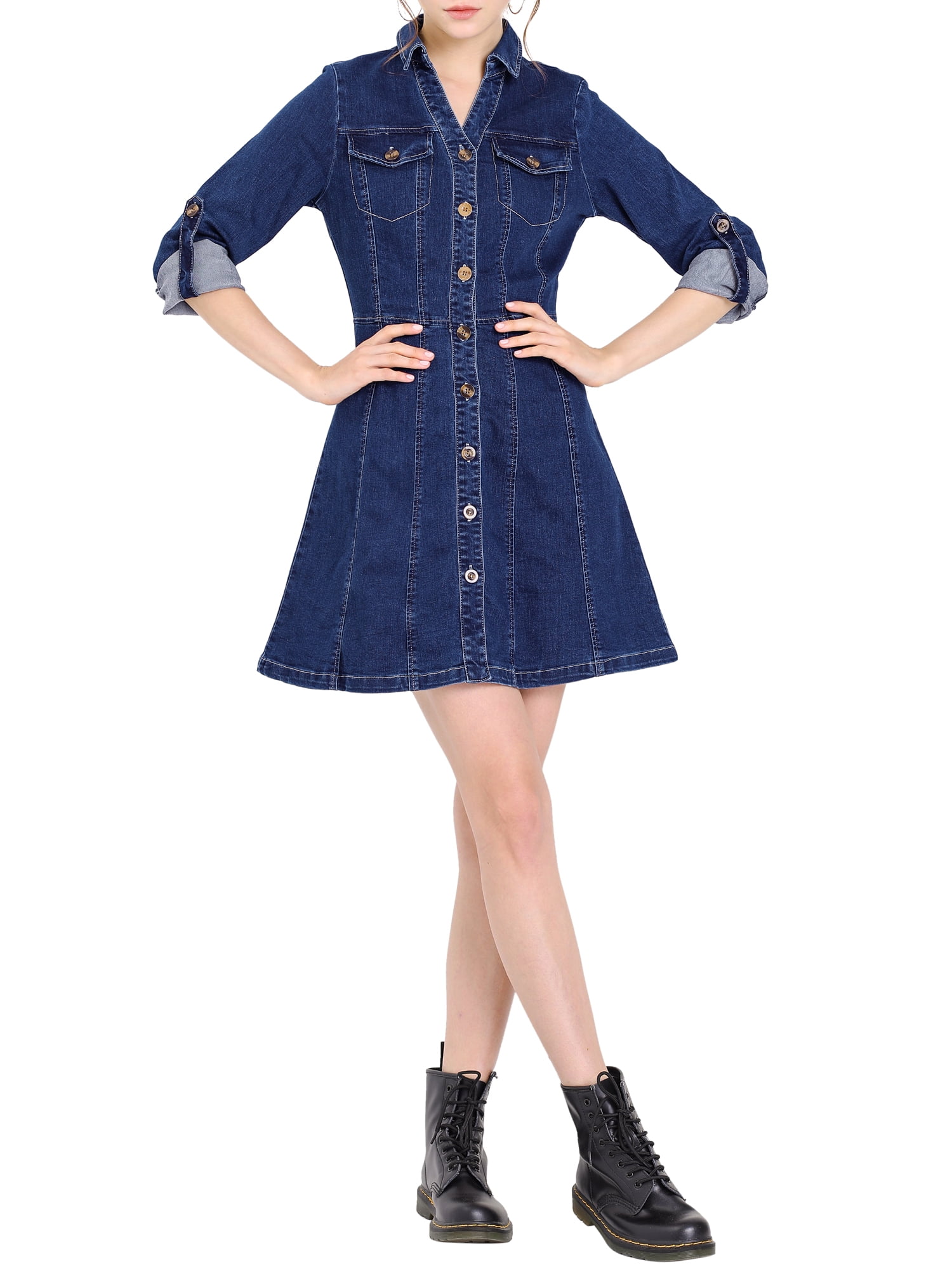DARING DIVA Button Down Collar V-Neck Roll Up Sleeves Denim Shirt Dress XS Deep Blue