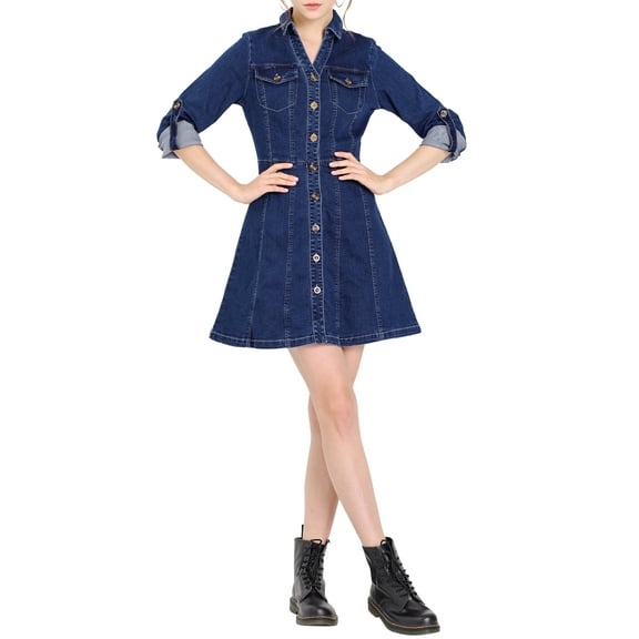 MODA NOVA Junior's Button Down Collar Roll Up Long Sleeve Denim Dress