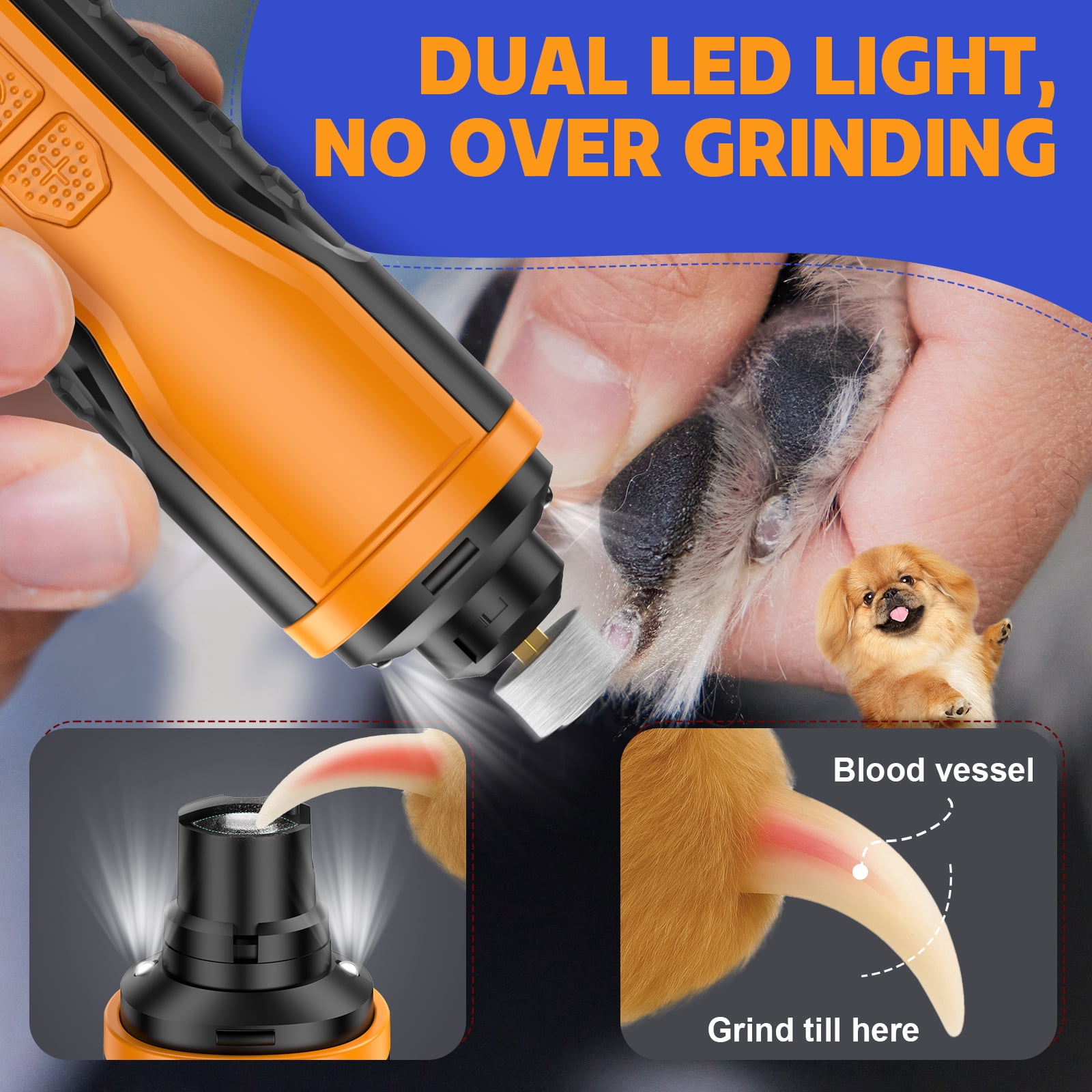 Dog Nail Grinder Powerful for Thick Nail-5 Speed with 2 LED Lights  Quiet BNISE Dog Nail Trimmer Pet Painless Paws Grooming for Small Medium Large Dogs & Cats