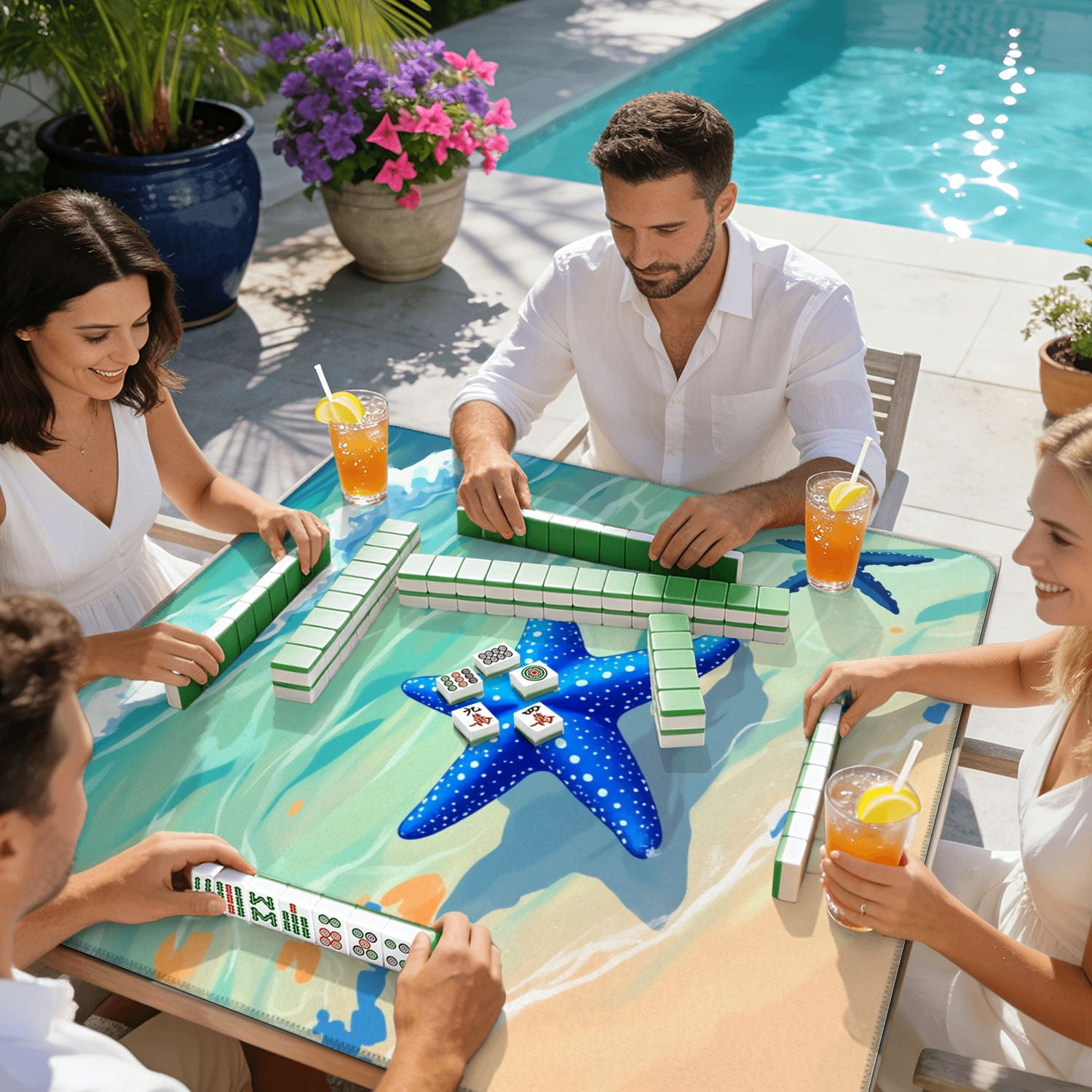 Mahjong Mat 31.5" x 31.5" Blue Starfish Tropical Shoreline Turquoise Waves Coastal Beach Non-Slip Noise Reduction American Mahjong Tiles Table Cover for Dominoes Poker Card Board Games Gift