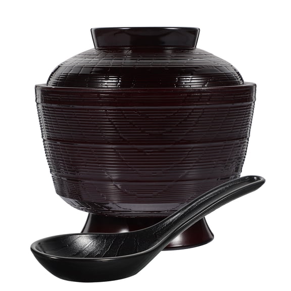 Hytrove Japanese Style Black Soup Bowl with Lid and Spoon, Multi-Function Rice and Food Container for Home Kitchen Use