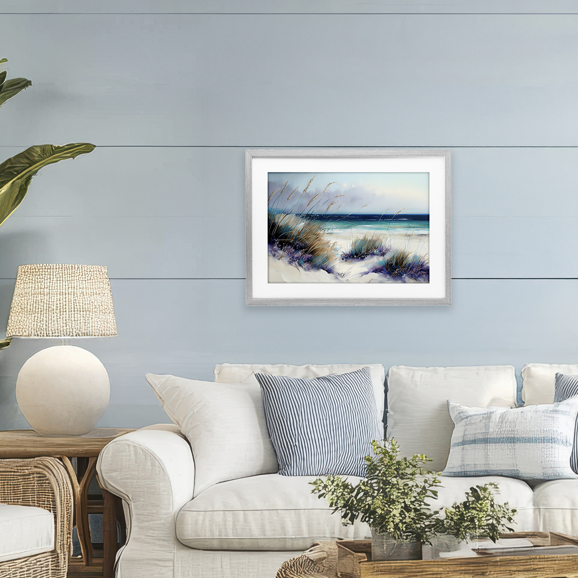 Euphoria Beach Dunes Gray Framed Print Under Glass, design by Sasha
