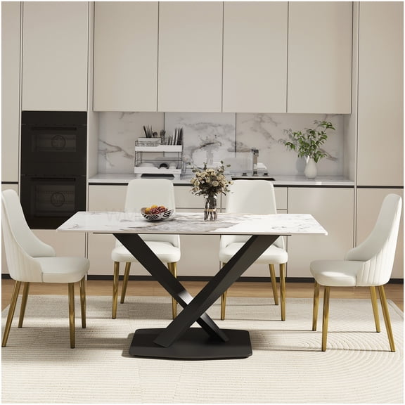 Modern Rectangular Dining Table with Sintered Stone Top, Antique White Finish and Black X-Base