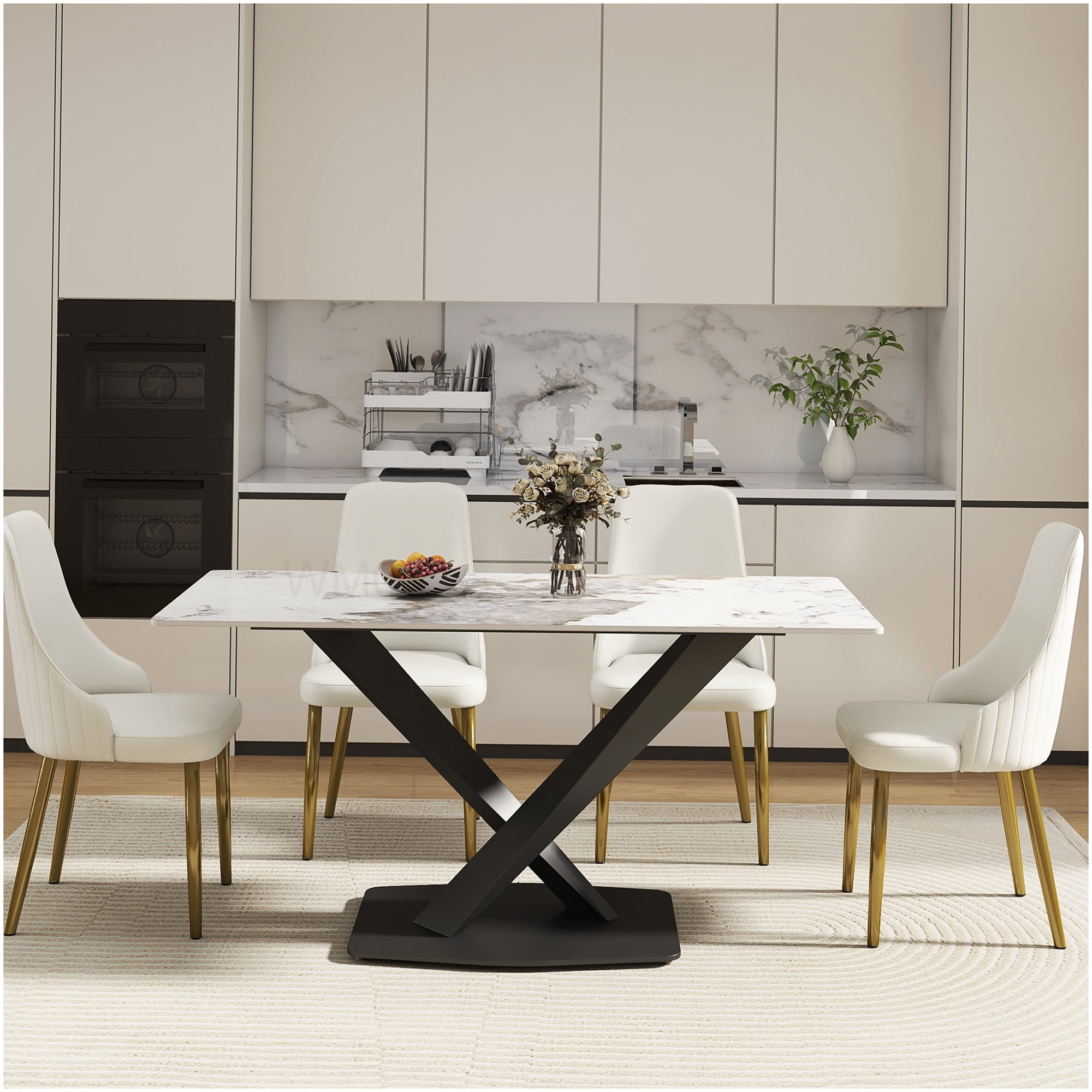 Modern Rectangular Dining Table with Sintered Stone Top Antique White Finish and Black X-Base