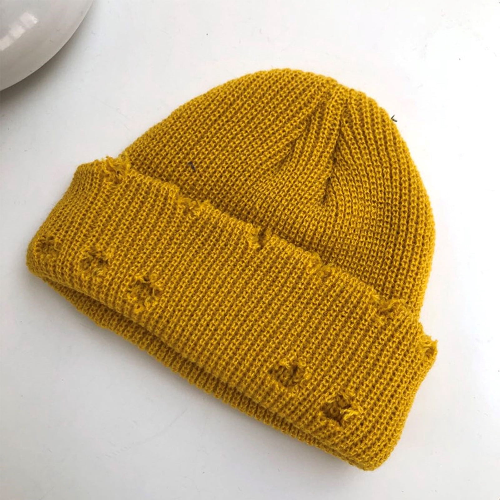 Opolski Women Men Bonnet Stretch Brimless Solid Color Knitted Unisex Keep Warm Metal Ring Decor Hip Hop Ripped Men Winter Hat for Daily Wear Yellow