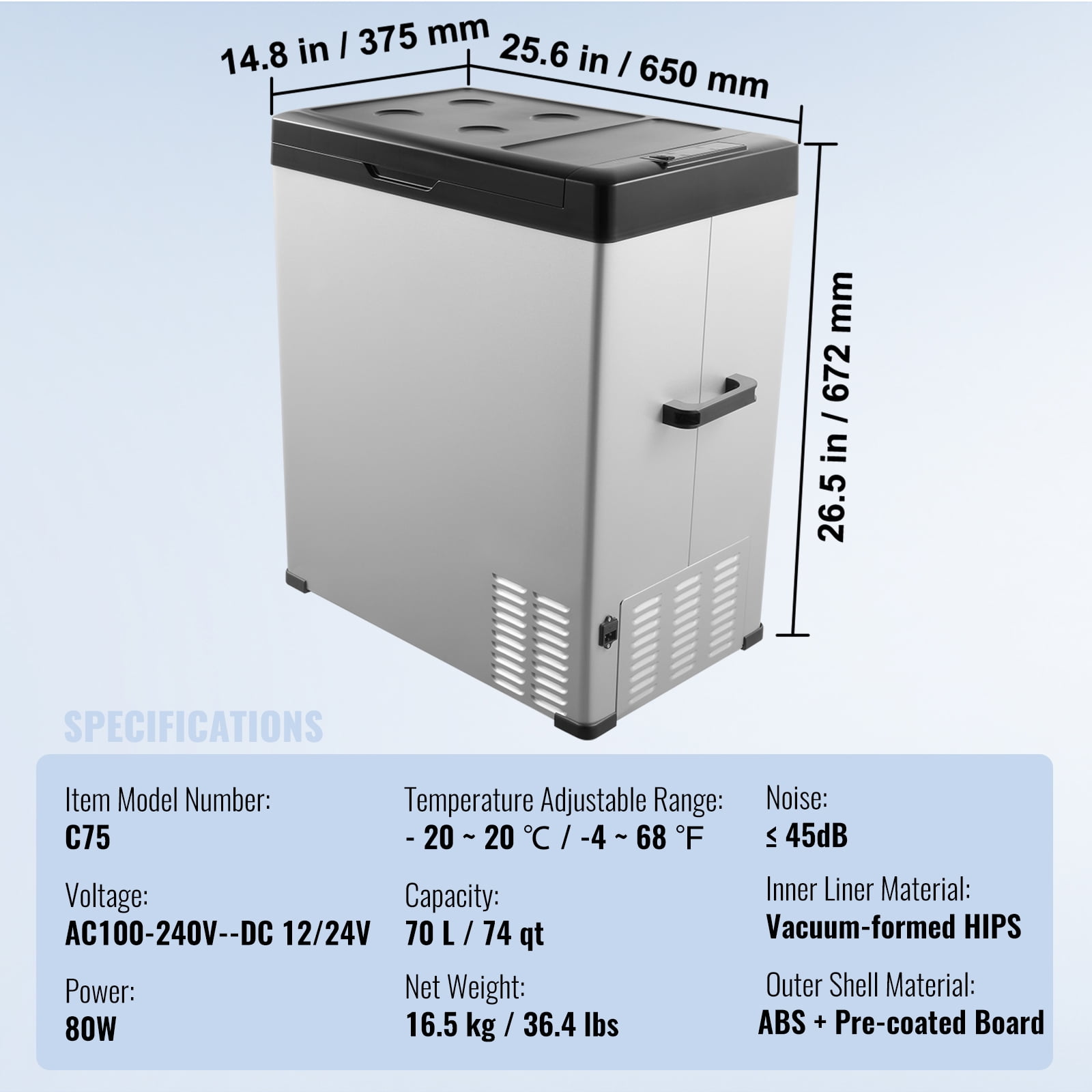 KFFKFF Vehicle Cooler, 12V Portable Fridge, 70L Capacity, Single Zone Freezing, Temperature Range -4 ℉to 68℉, Compatible with 12/24V DC & 100-240V AC, Ideal for Camping, RV, and Outdoor Use