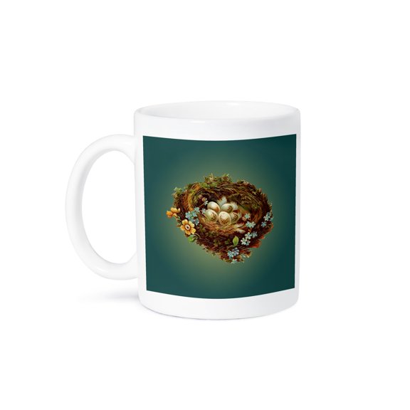 3dRose, Victorian Birds Nest with Speckled Eggs and Tiny Blue Flowers, 15oz Mug