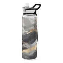 Black and Grey Marble 32oz Water Bottles with Straw Tritan Leakproof Sports Bottle BPA Free Clear for Fitness Gym Swimming Cycling