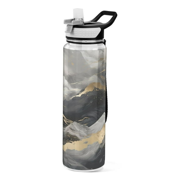 Black and Grey Marble 32oz Water Bottles with Straw Tritan Leakproof Sports Bottle BPA Free Clear for Fitness Gym Swimming Cycling