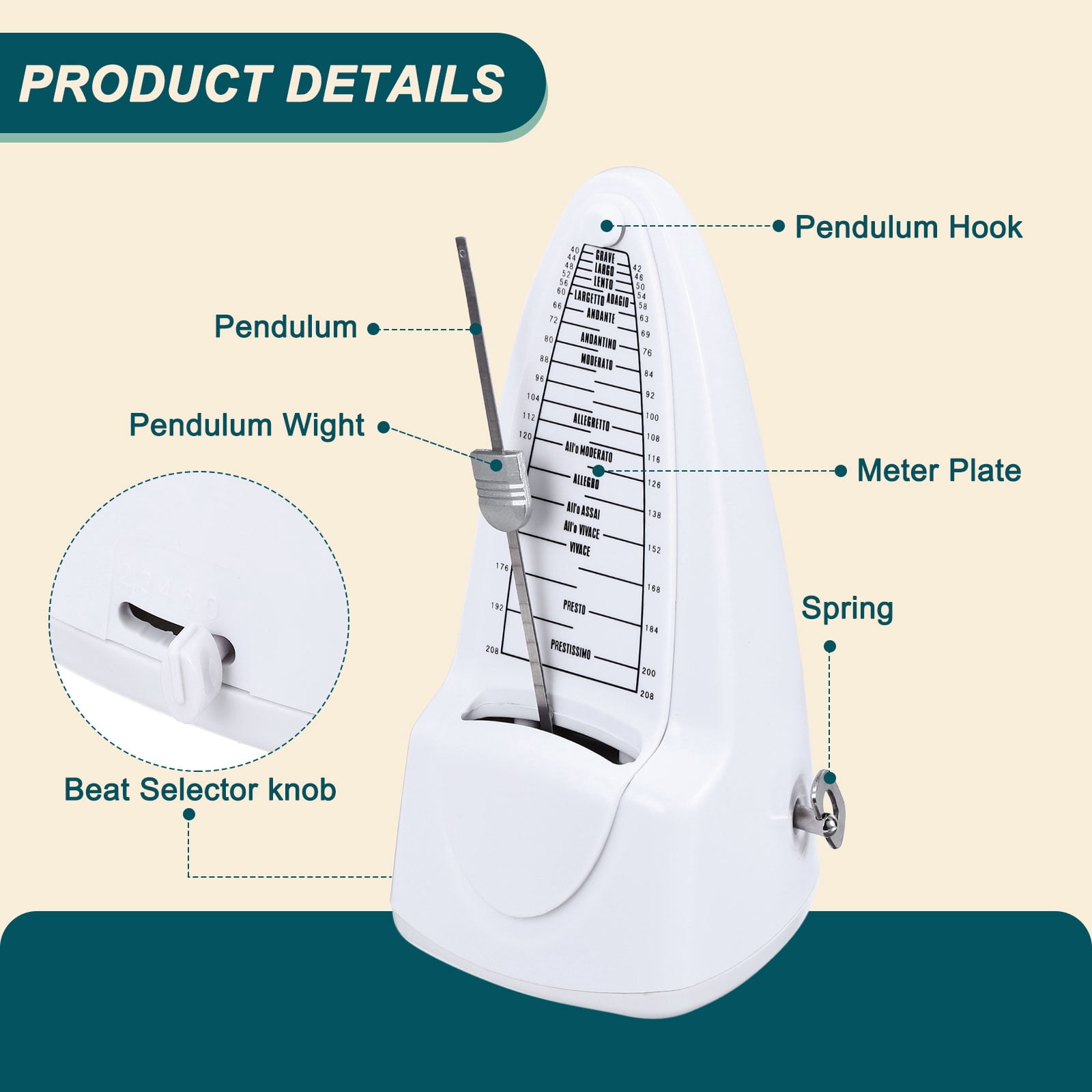 Uxcell Mechanical Metronome High Accuracy Musical Timer Universal Metronome for Piano Guitar Violin Ukulele Player White