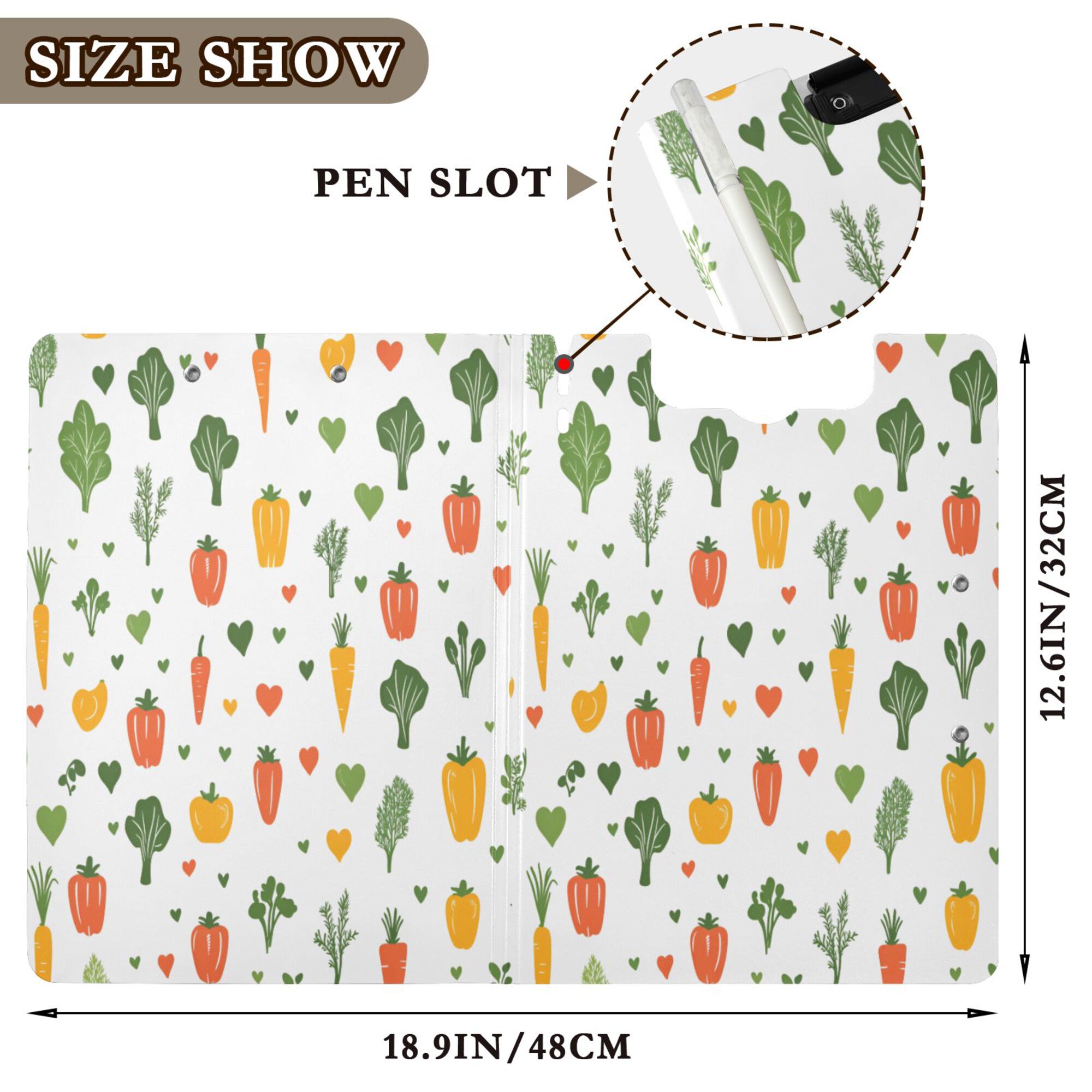 FORMRS A4 Clipboard Folder with Pen Holder Horizontal Foldable School Office Binder, Green Cute Vegetables