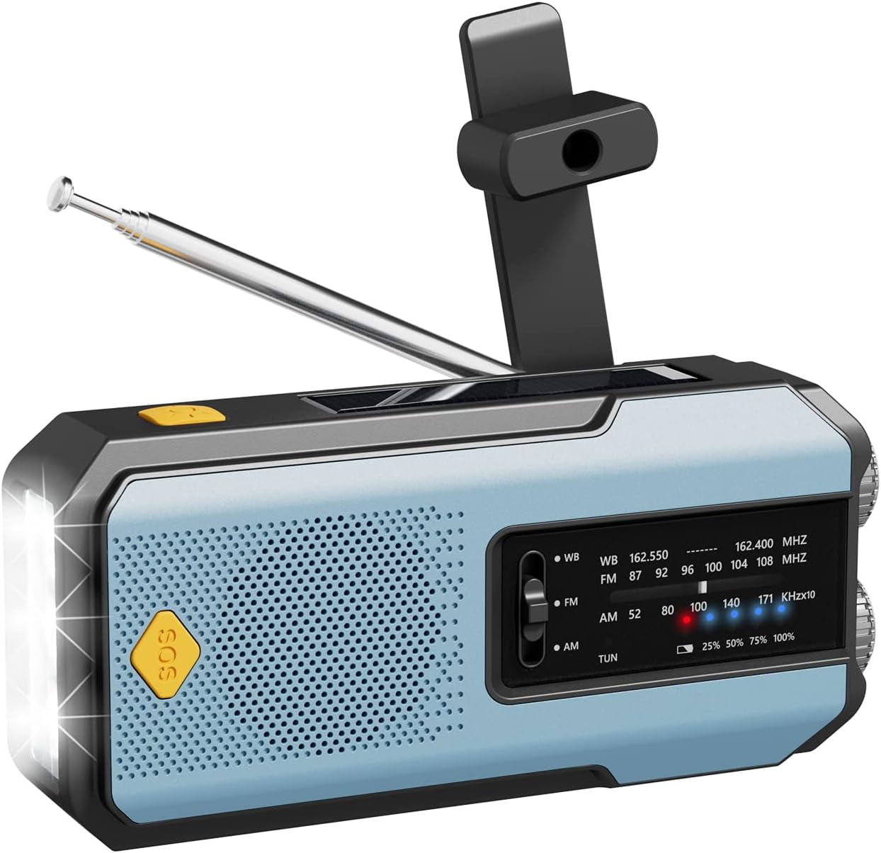 Newest Prociv Solar Emergency Wind Up Radio, Portable Hand Crank AM/FM Radio with SOS Alarm LED Torch, 2000mAh Rechargeable Power Bank USB Phone Charger Flashlight for Camping (Blue)
