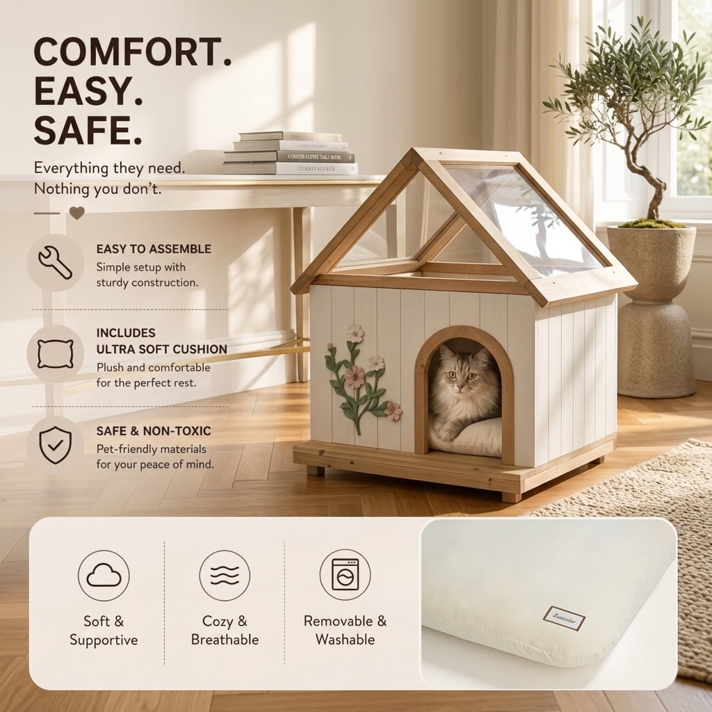 Premium Natural Cedar Pet House – Acrylic Sunroof, Floral Carved Cat Furniture, Luxury Indoor/Semi-Outdoor Dog Shelter for Small Dogs & Cats