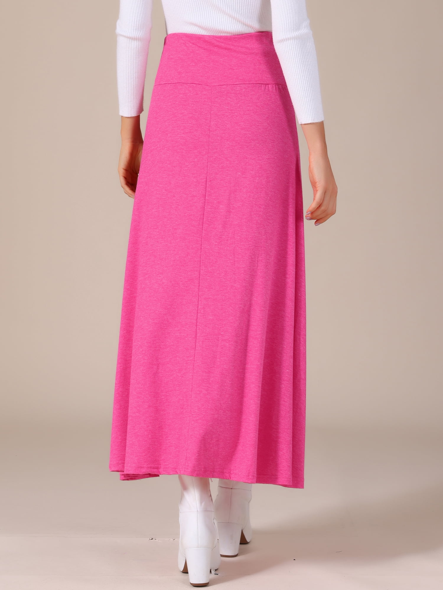 DARING DIVA Women's Foldable High Waist Flowy Flare Maxi Skirts L Rose Red