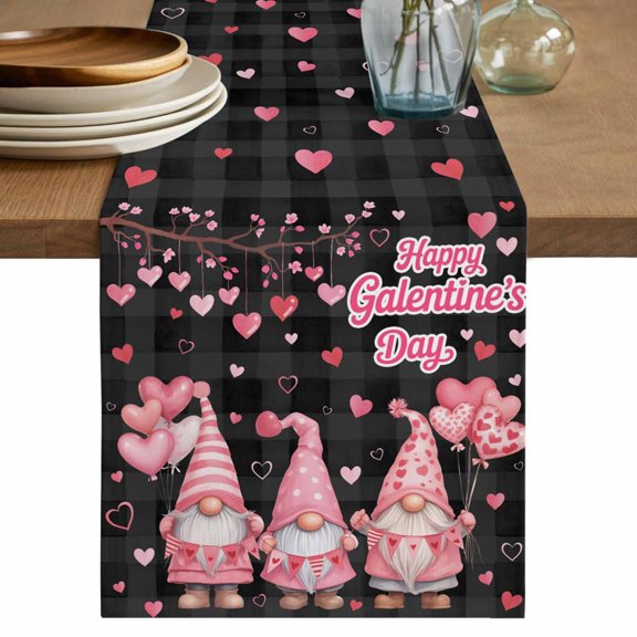 Galentine's Day Table Runner 60 Inches, Gnomes Pink Love Balloon Black Lattice Bed Runner Dresser Scarves Tabletop for Indoor Outdoor Parties/Ceremony/Banquet, 13" x 60"