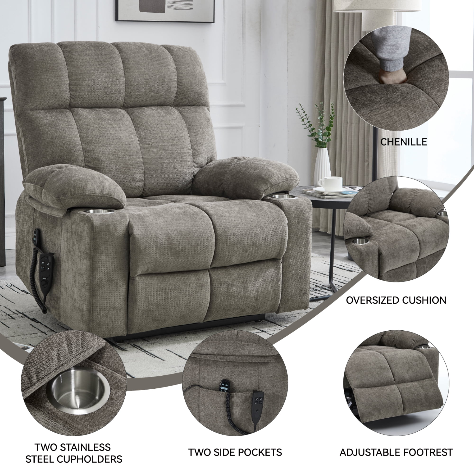 Leumius Power Lift Recliner Chair for Elderly,Heavy Duty Recliner with 8-Point Vibration Massage and Lumbar Heating,Infinite Position,Up to 350 LBS,Brown