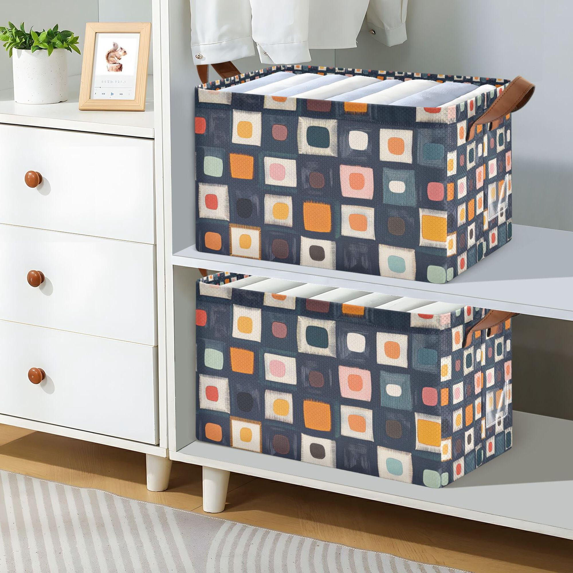 Yayeee Foldable Storage Basket for Shelves Set of 2 Waterproof Cloth Bins with Handles, Blue Circle Mosaic
