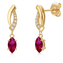 Gem Stone King 14K Yellow Gold Red Created Ruby and Lab Grown Diamond Dangle Earrings for Women | 0.65 Cttw | Gemstone July Birthstone | Marquise 6X3MM