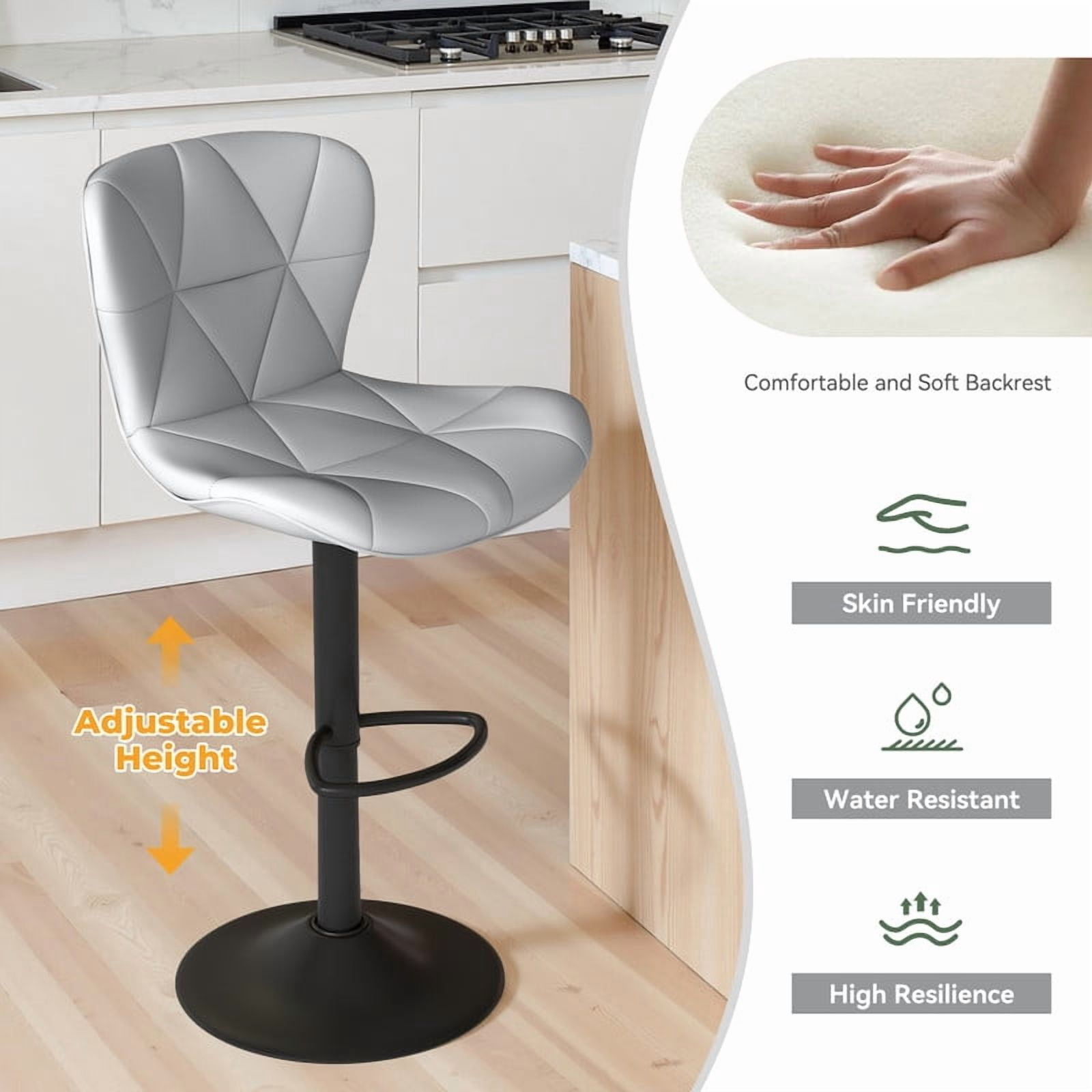 Daluvenix Modern Bar Stools Set of 3, Adjustable Swivel Counter Height Bar Chairs with Back, Faux Leather Upholstered for Kitchen Island, Light Grey