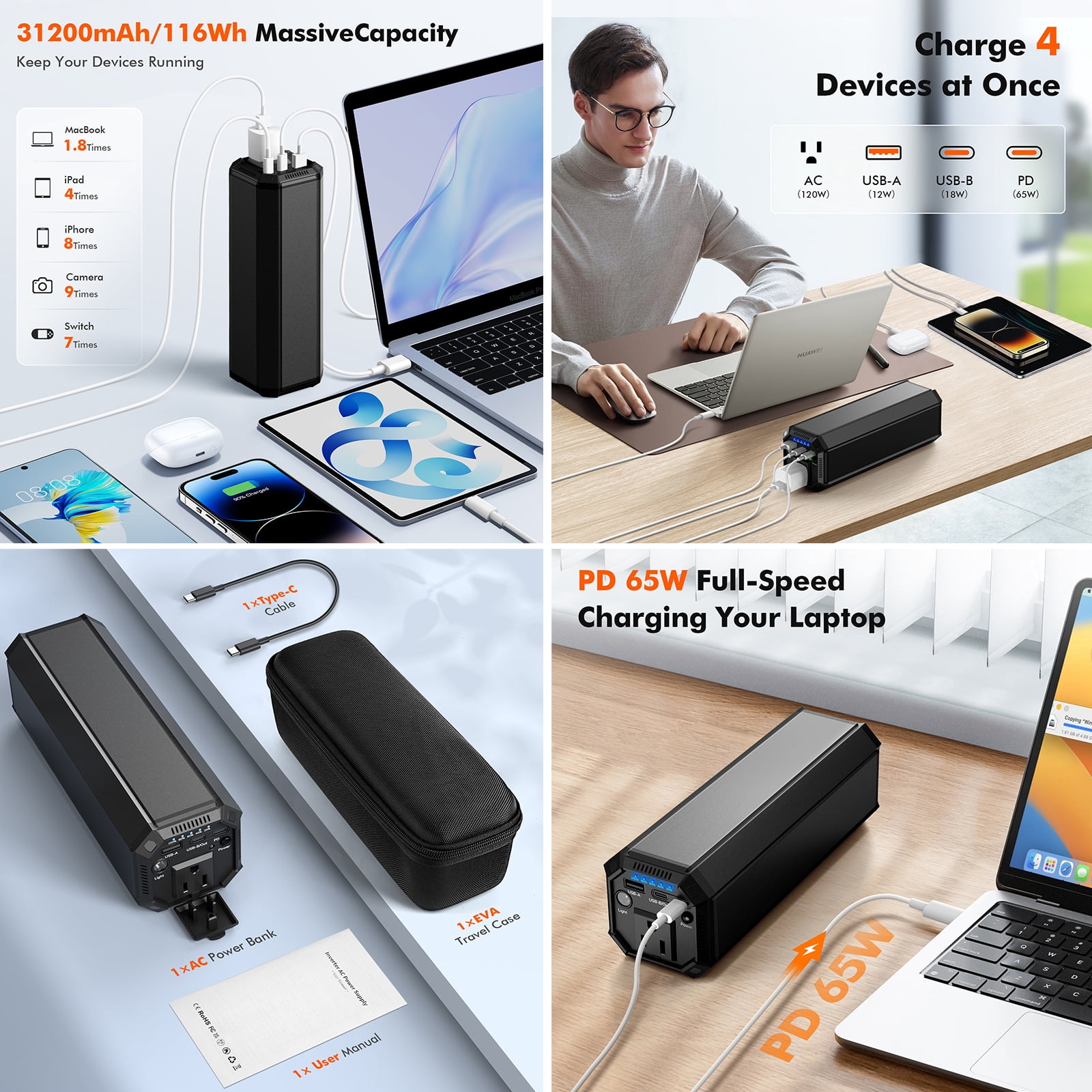 MASALUO  N55-2  116Wh Portable Power Bank with AC Outlet ,31200mAh Laptop Power Bank, 65W PD USB-C, Portable Charger for Laptop, MacBook, HP, Camping, Travel, Hunting and Outdoor Use