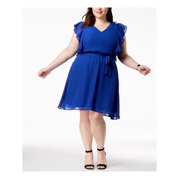 LOVE SQUARED $59 Womens New 1160 Blue Sheer Fit   Flare Dress 1X Plus B B