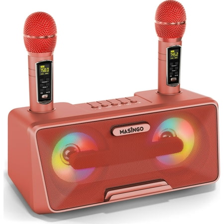 UPC: 0810101037061 | MASINGO Karaoke Machine for Adults and Kids with 2 Wireless Microphones Portable Bluetooth Singing Speaker Colorful LED Lights PA System Lyrics Display Holder & TV Cable – Presto G2 (Pink)