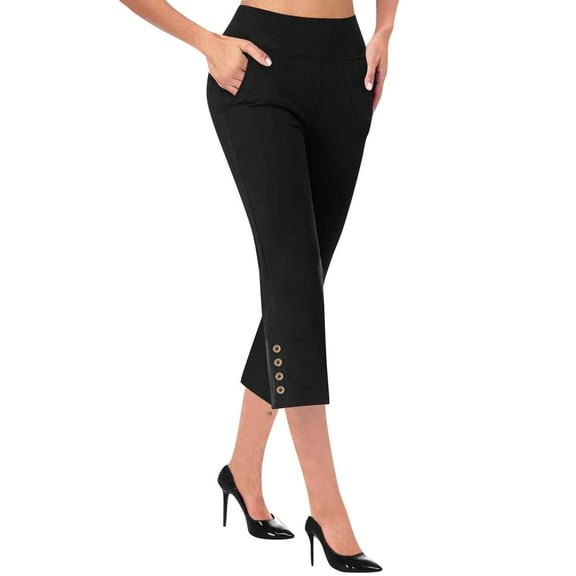 Uqiangy Women's Straight Leg Comfort Capri w/Tummy Control and Secret Pocket Capri Pants for Women Casual Summer Dressy Pull On Stretch High Waisted Crop Work Leggings with Pockets Black L