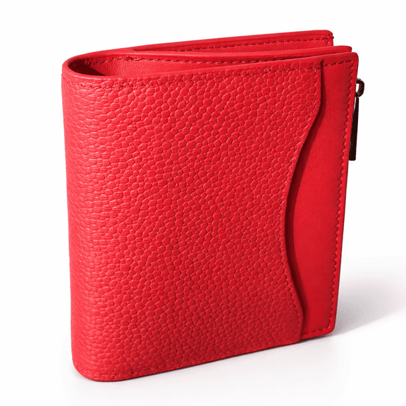 Genuine Leather Small Wallets For Women – RFID Blocking Bifold Slim Wallet With Metal Snap, Zipper Coin Pocket, 8 Card Slots, Cash Compartment – Red Compact Purse