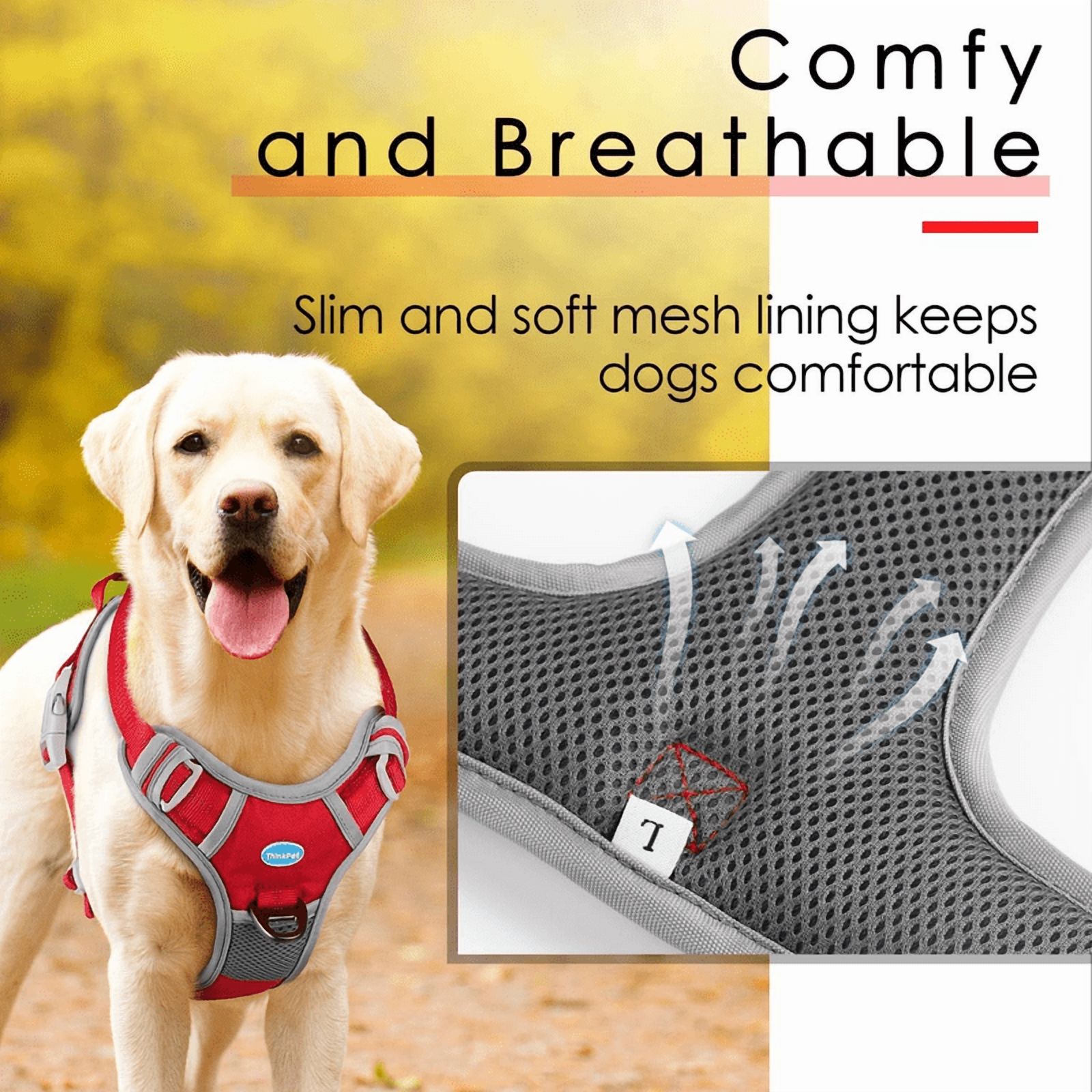 ThinkPet No Pull Harness Set Breathable Sport Harness with Handle - Reflective Padded Dog Safety Vest with Reflective Neon Dog Leash