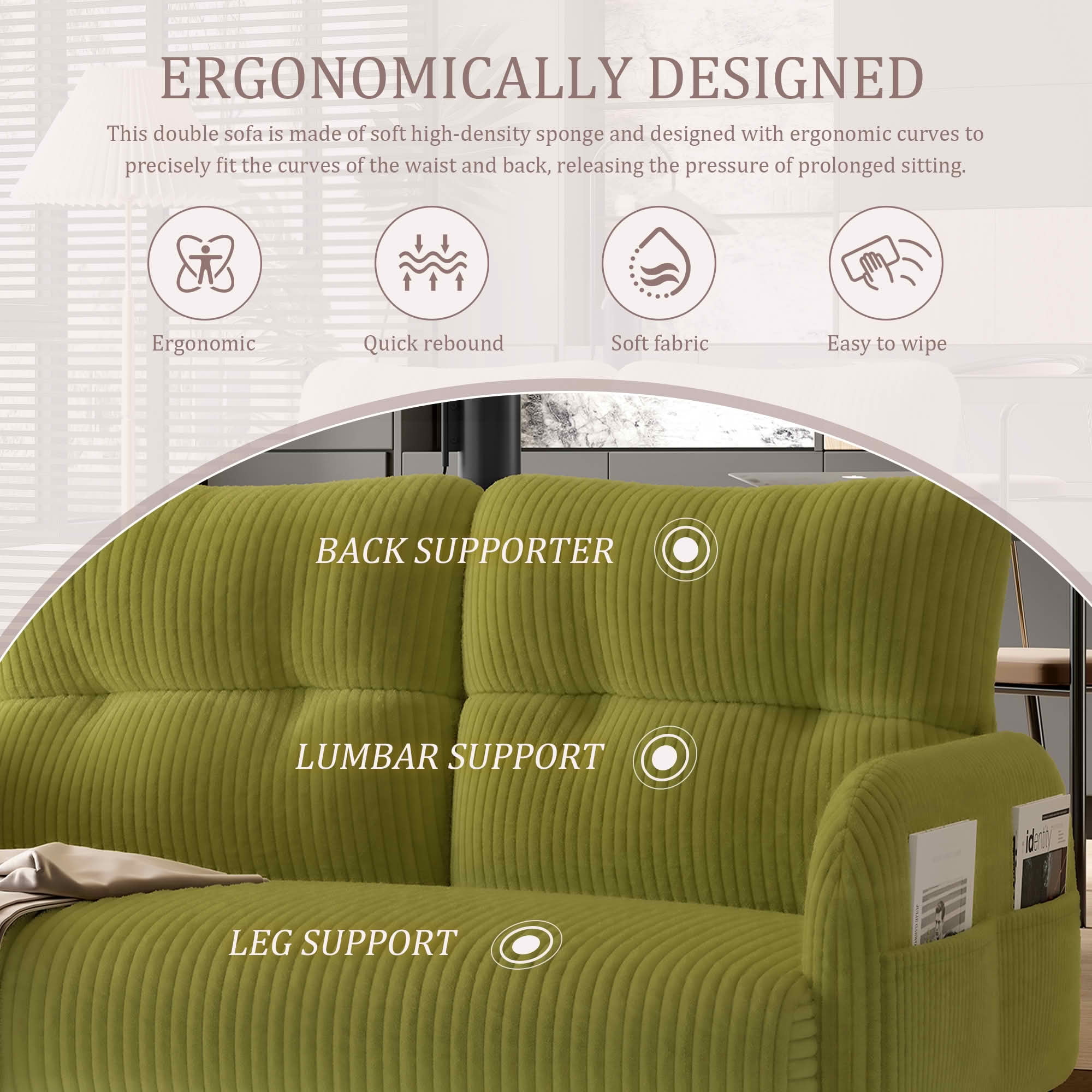 MAYEERTY Corduroy 2-Seater Loveseat, Modern Monochrome Double Sofa with Side Storage Pockets & Sturdy Wood Frame for Home Office