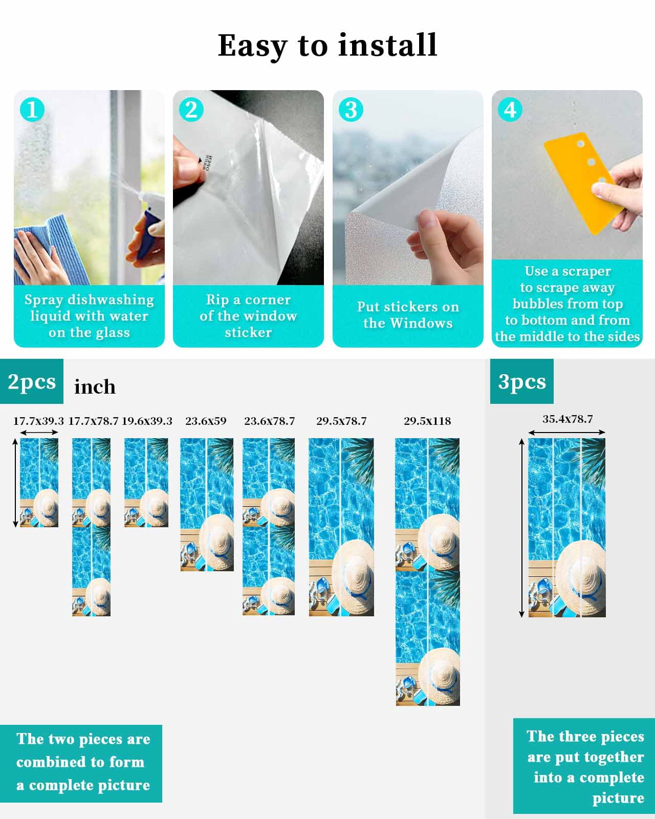 Window Privacy Film Coastal Ocean Stained Glass Window Film Decorative Sun Block Window Cover Blue Sea Pool Slippers Straw Hat Starfish Window Clings Static Adhesive Sticker for Bathroom 23.6"x59"