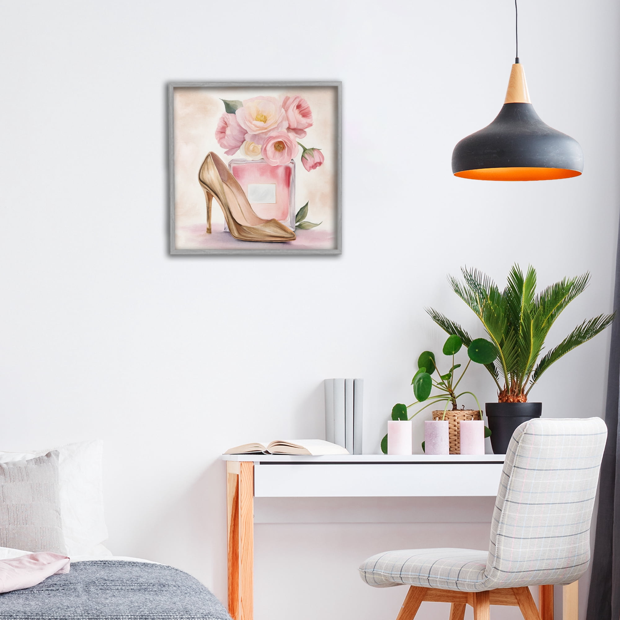 Stupell Industries Pink Beauty Heel & Flowers Gray Framed Giclee Art, design by Kim Allen