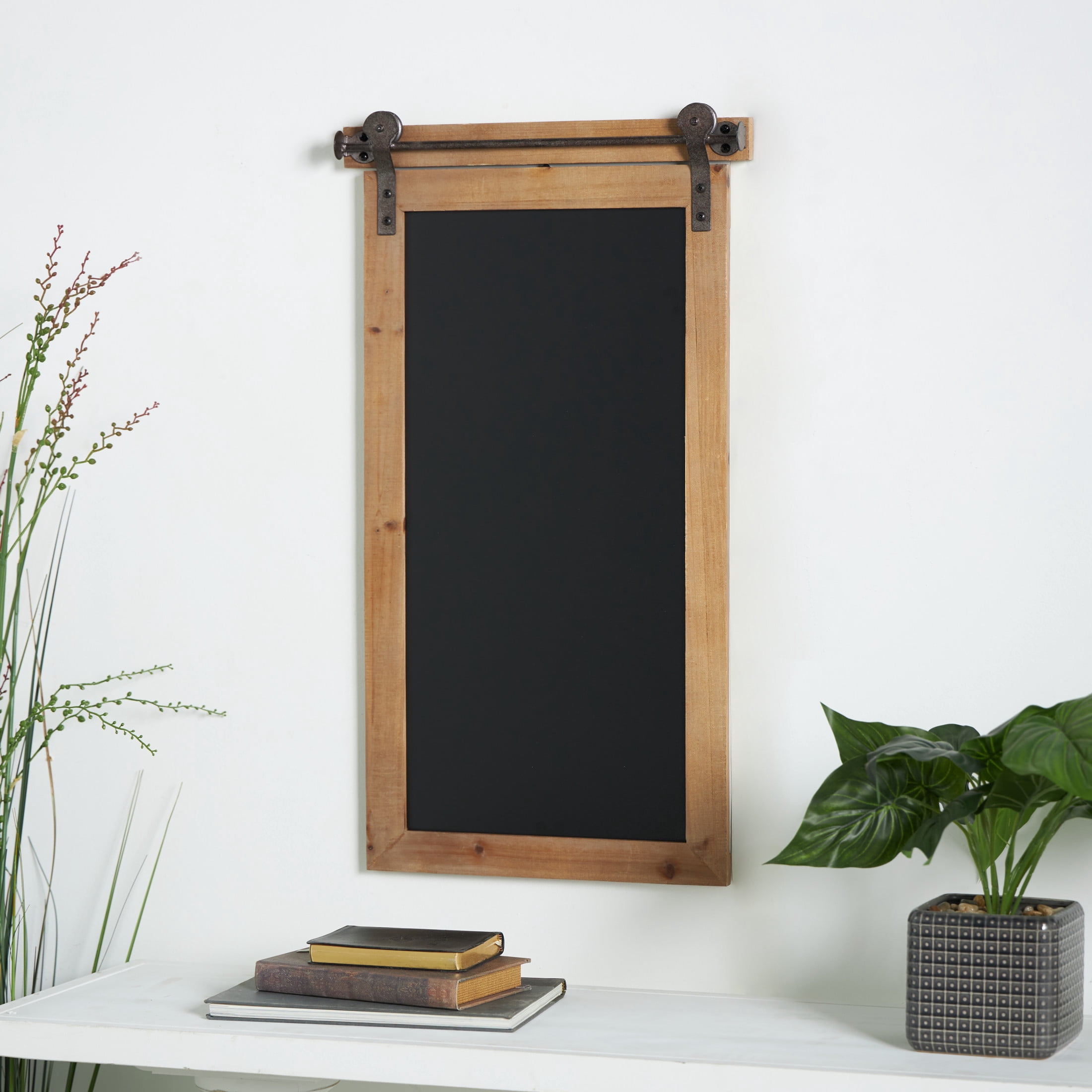 DecMode Brown Wood Chalkboard Sign Wall Decor with Barn Door Inspired Top