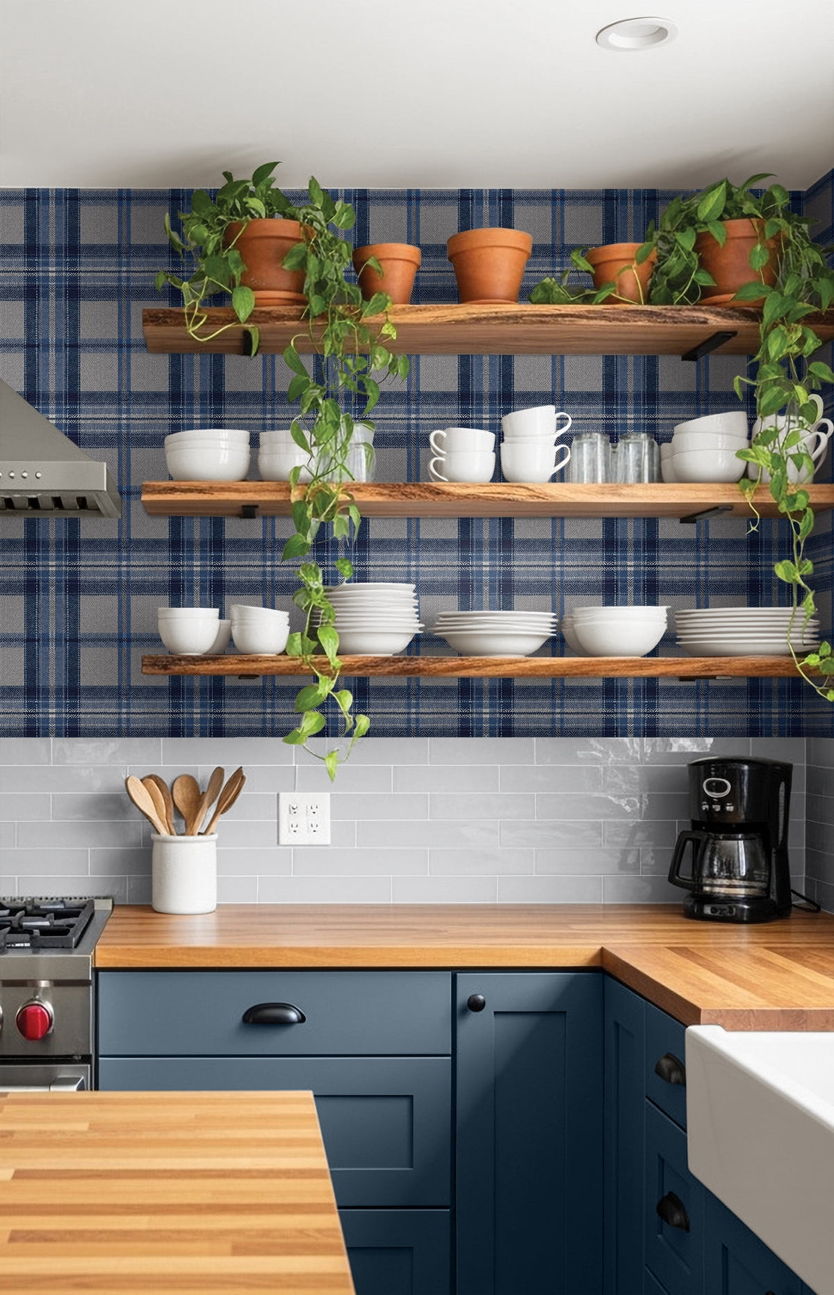 Harry & Grace Blue Smoke Herringbone Plaid Premium Matte Non-Woven Peel and Stick Wallpaper - 20.5 in. W x 18 ft. L Roll