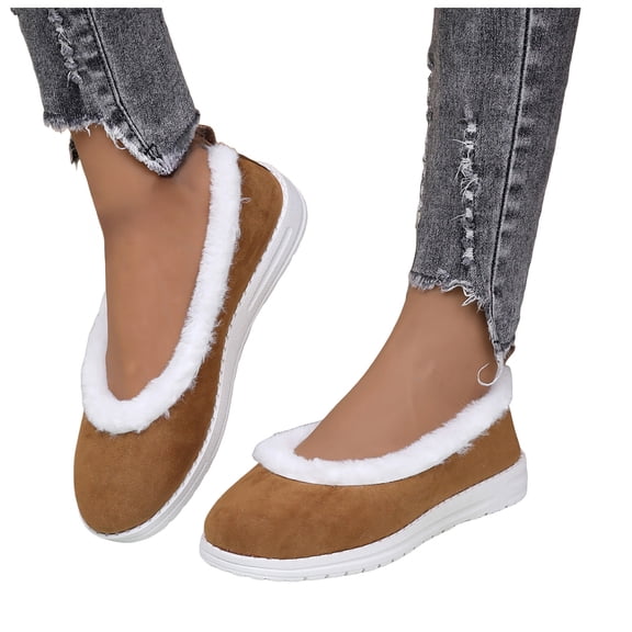Womens Winter Flat Shoes Fashion Quilted Furry Lined Antislip Walking Shoes Casual Round Toe Indoor Slip on Warm Shoes Brown Size 6