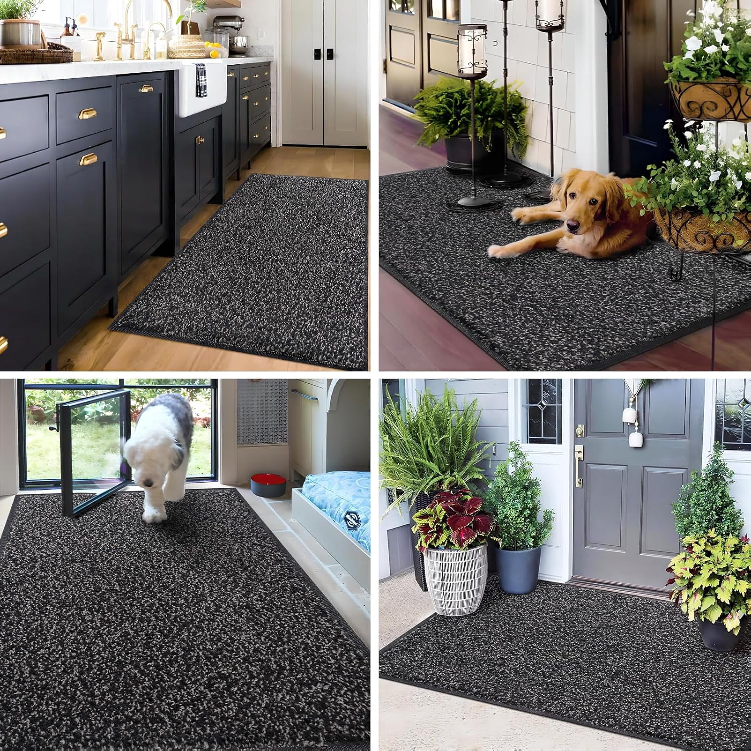 Front Door Mat, Dirt Trapper Welcome Mat for Outdoor Indoor, Non-Slip Waterproof Doormat, Durable Machine Washable Low Profile Entry Rug for Back Door Outside Patio Porch, 36" x 24", Black
